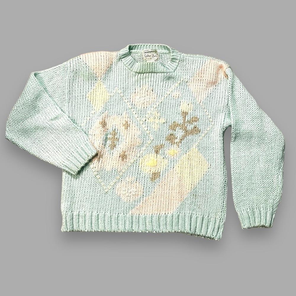 Colter Bay Sweater HandKnit pastel floral argyle Cottage core Large Vintage 80s